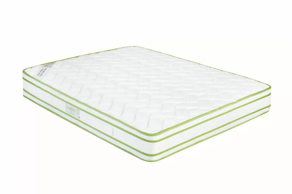 Colchão branco com riscas verdes e etiqueta lateral LOFT