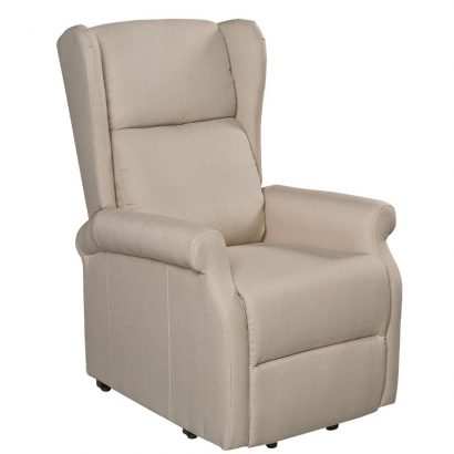 Poltrona reclinável bege com braços almofadados e encosto alto