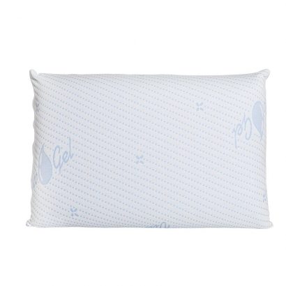 Travesseiro branco com padrão de texto azul 'Gel'