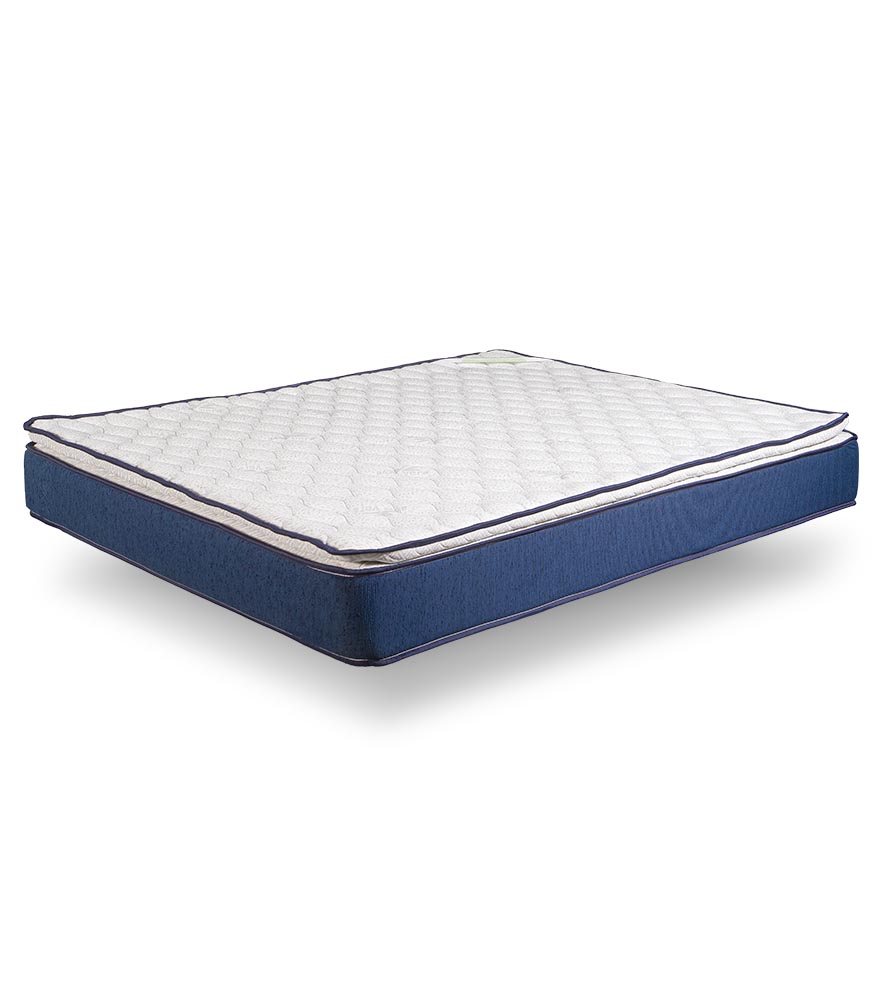 Colchão com topo branco acolchoado e laterais azuis escuras