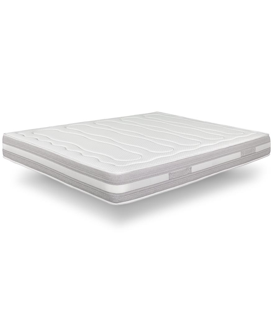 Colchão de espuma branco e cinza com tiras de ventilação lateral