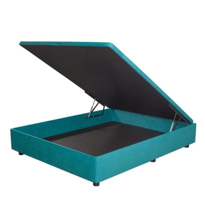 Base de cama com arrumação em tecido azul turquesa e tampo preto elevado