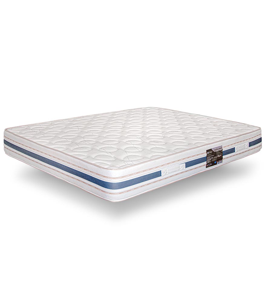 Colchão branco com detalhes azuis e etiqueta preta