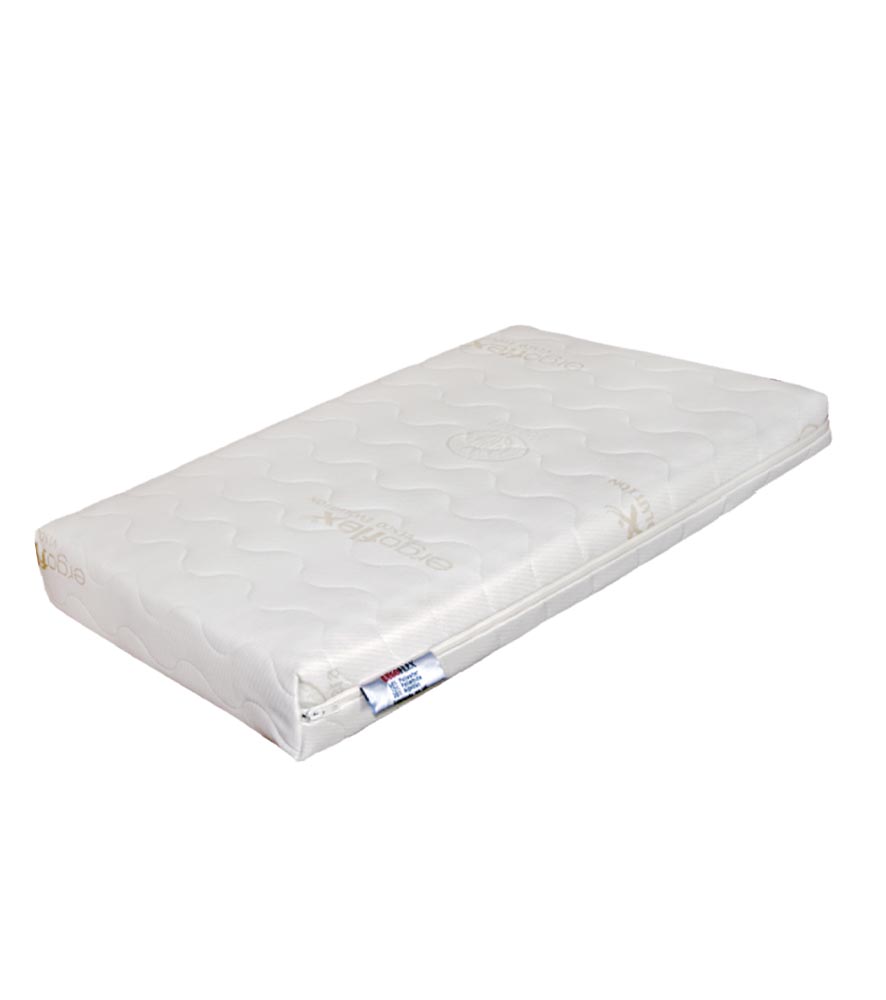Colchão de espuma branco com padrão ondulado e etiqueta lateral
