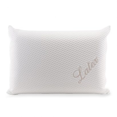 Almofada branca retangular com textura e palavra Latex