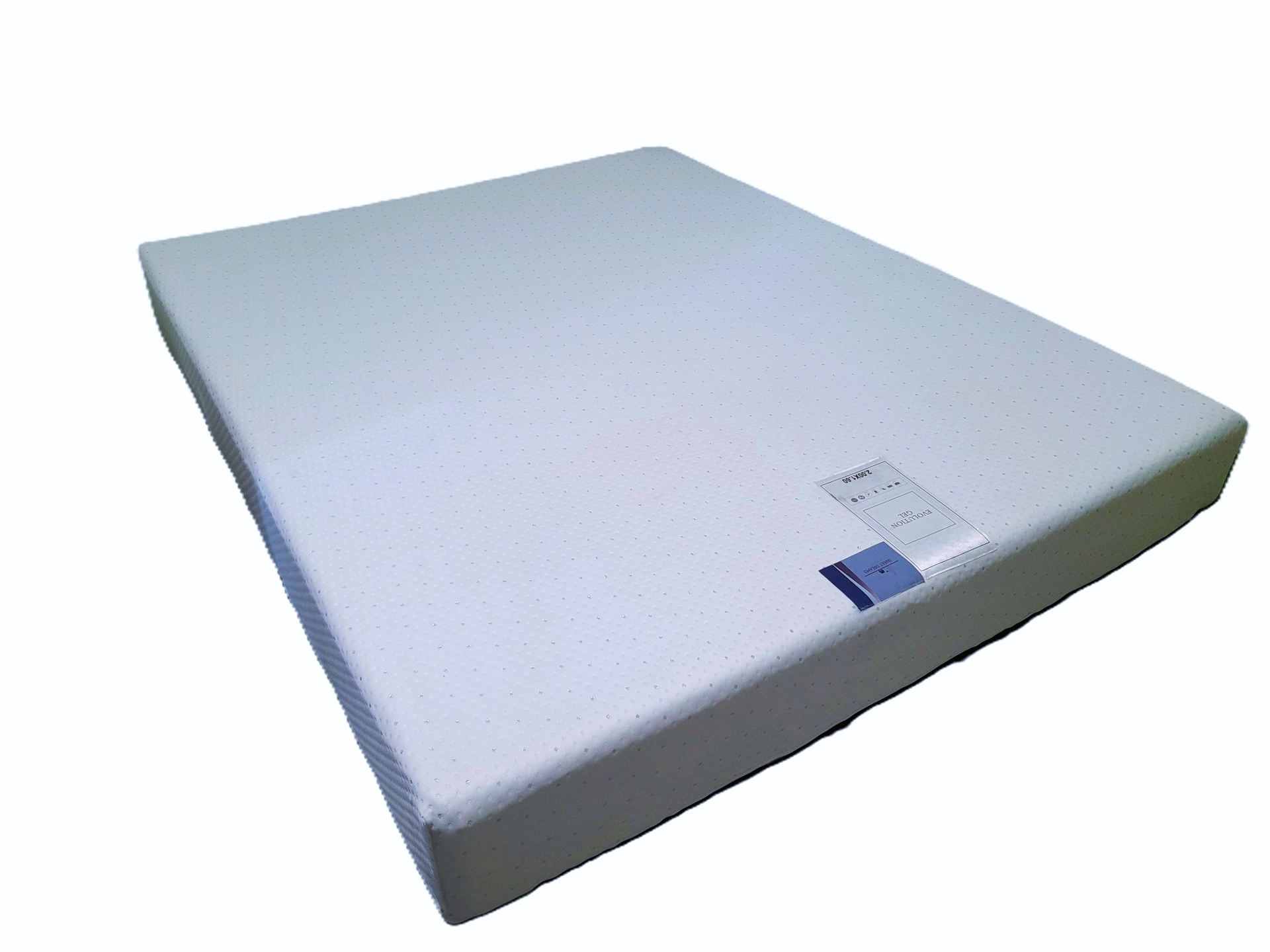 Colchão branco com micro pontos azuis e etiqueta BULTINGTON GEL.