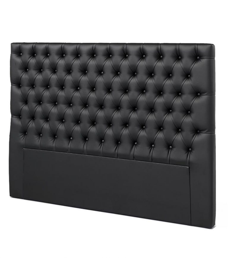 Cabeceira de cama preta estofada com padrão capitonê