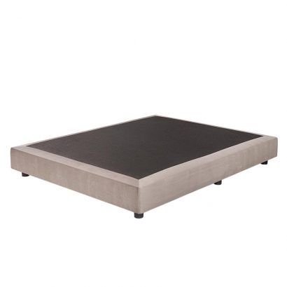 Base para cama estofada cinza claro com superfície preta e pés pretos