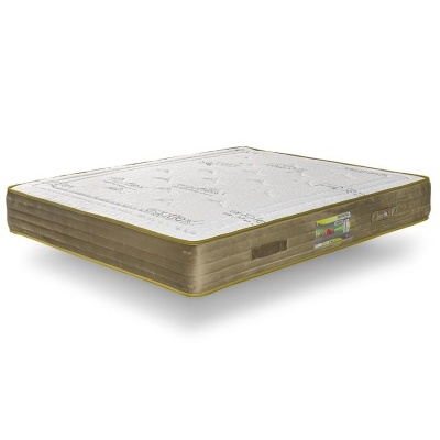 Colchão de casal branco com laterais castanhas e borda amarela