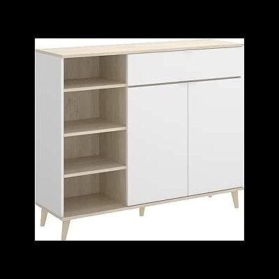 Móvel de arrumação branco com madeira clara e gaveta