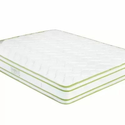 Colchão branco com riscas verdes e etiqueta lateral LOFT