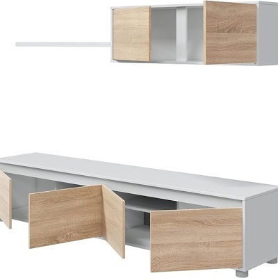 Conjunto de móveis branco com portas em madeira clara, incluindo unidade suspensa e móvel baixo com portas abertas
