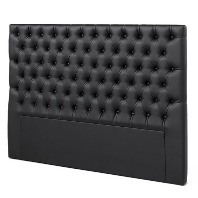 Cabeceira de cama preta estofada com padrão capitonê