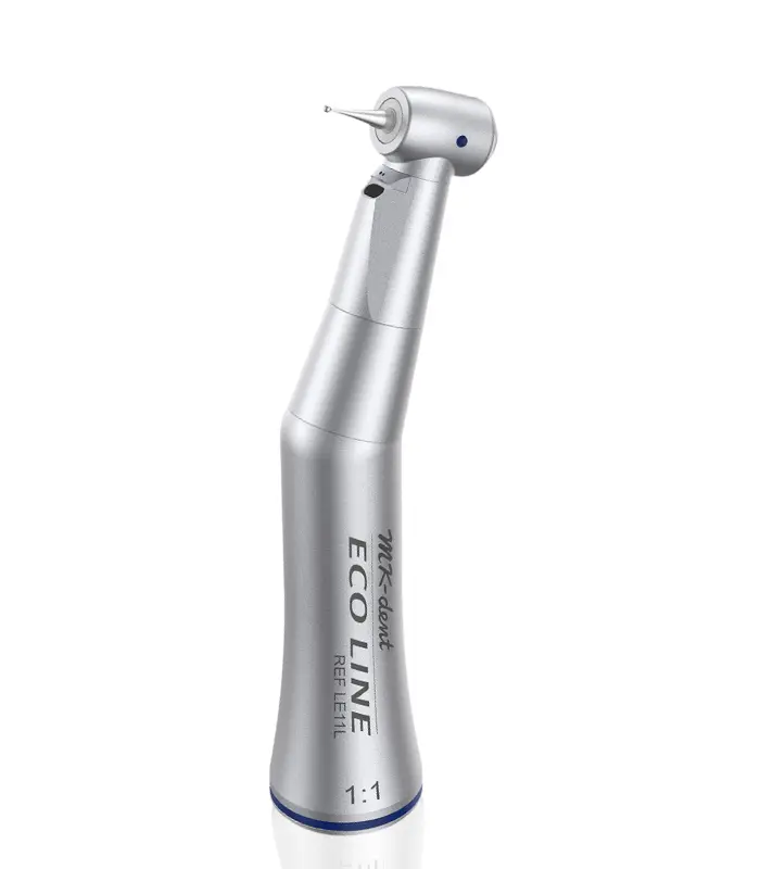 LE11L Contra ángulo 1:1 ECO LINE com luz Peça dental metálica prateada com texto ECO LINE REFILL 1:1