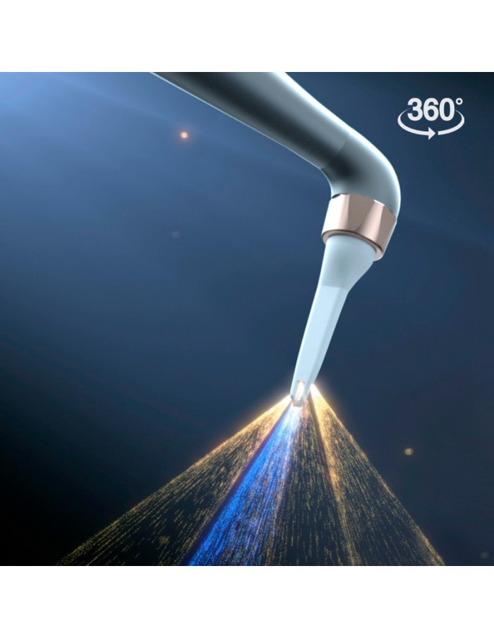 AP-B | Ultrassom + aeropolidor Bocal metálico prateado com jato de partículas azuis e douradas e texto 360°