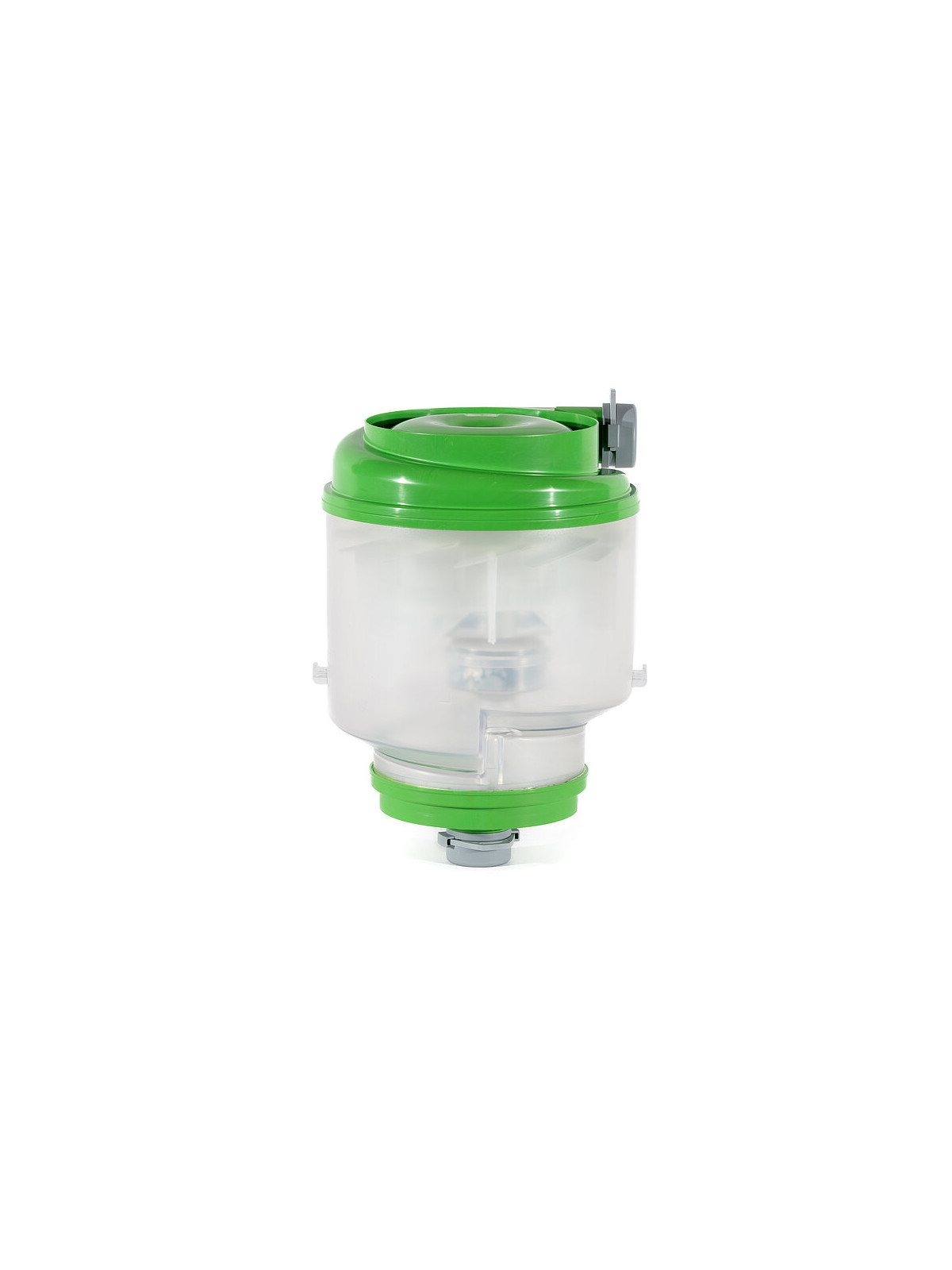 Recipiente de substituição para separador de amálgama para Metasys ECO II+, ECO II e ECO II Tandem. Recipiente transparente com tampa verde e componentes cinza