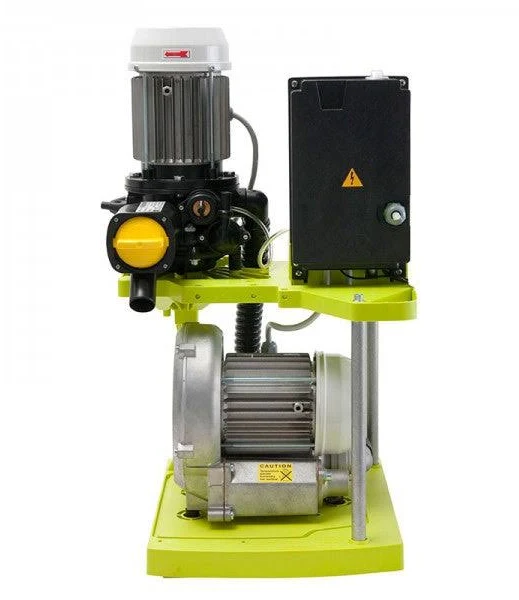 MICRO SMART 230V 50HZ bomba industrial metálica amarelo-limão e cinza com tampa preta e etiquetas de aviso
