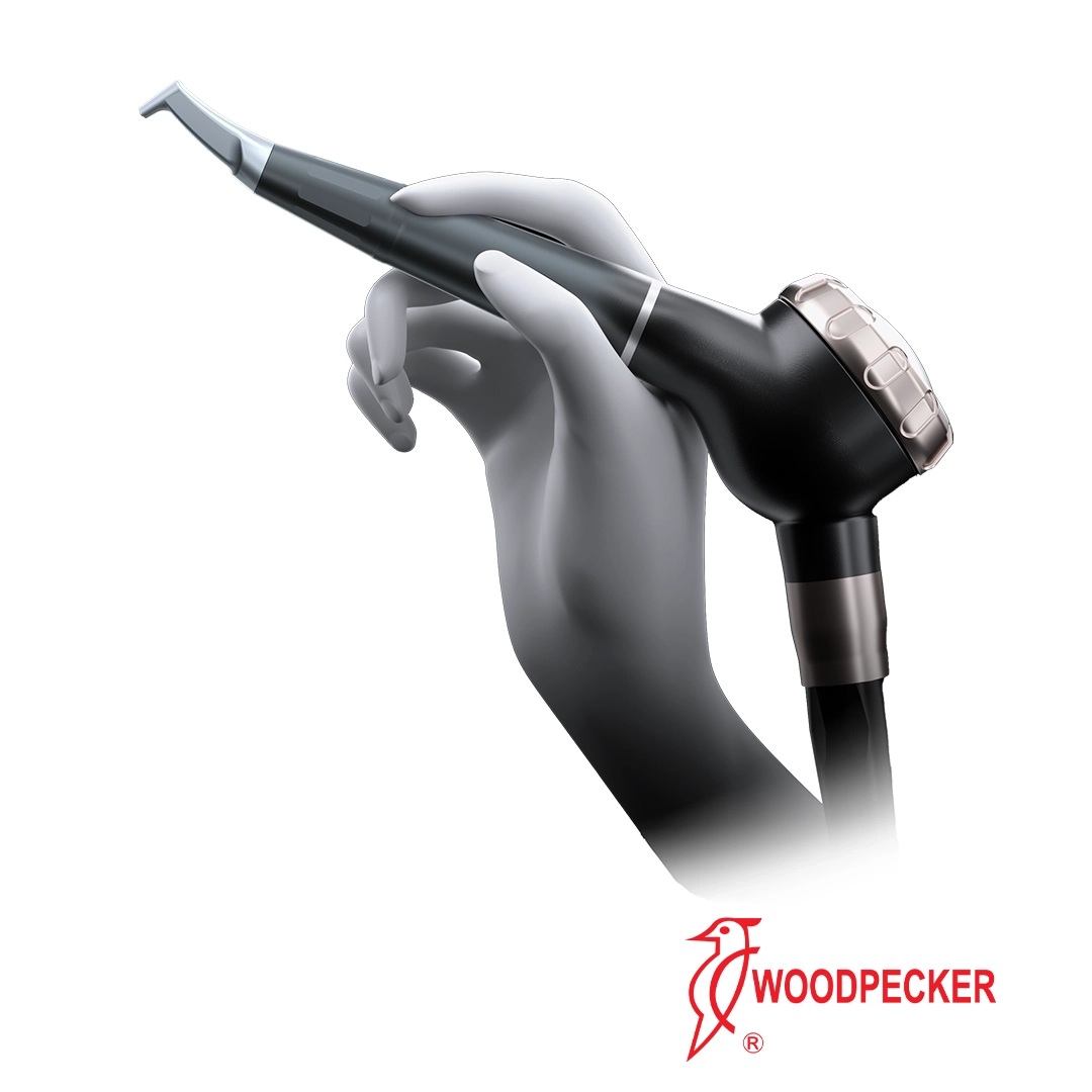 AP-H: Polidor de Ar de Bicarbonato Dental Instrumento dentário preto com detalhes metálicos e logótipo WOODPECKER