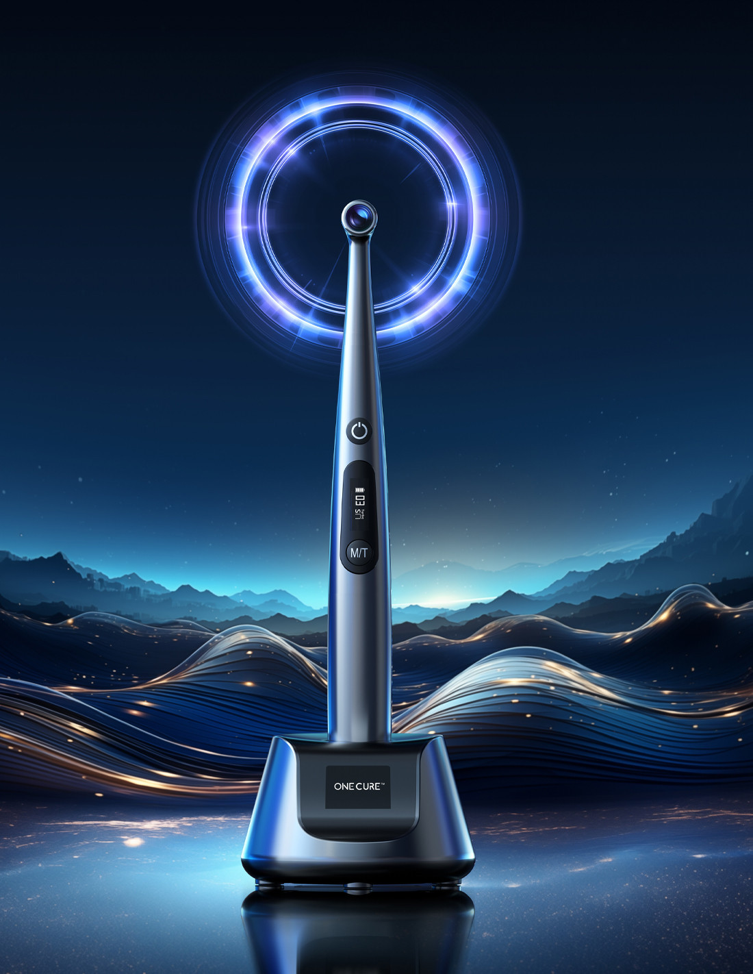 O-Star PRO Dispositivo eletrônico com luzes azuis e base em cenário futurista