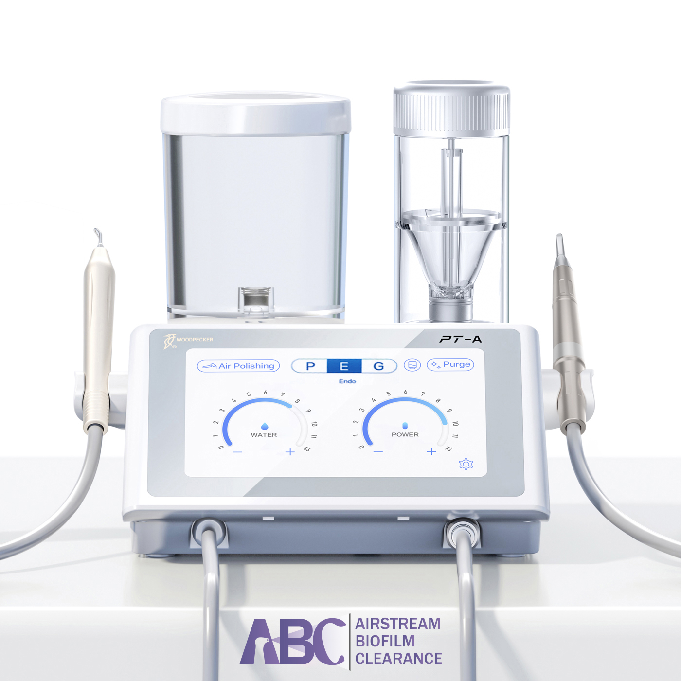 Sistema de Profilaxia PT-A Aparelho de limpeza dentária profissional branco com ecrã digital e reservatórios transparentes