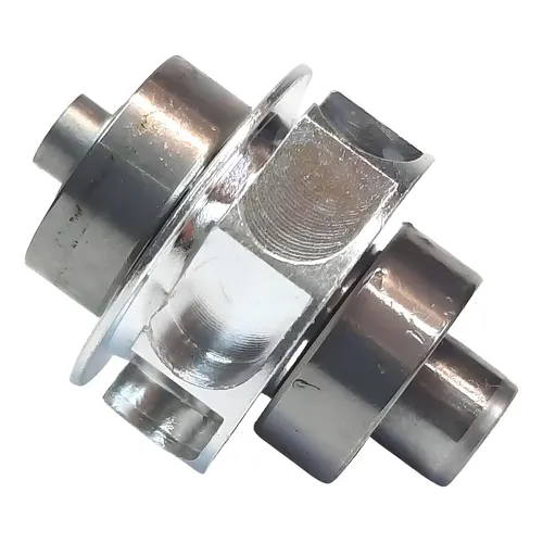 Assistência Técnica Rotatório Peça metálica cilíndrica polida com flange circular e recortes quadrados