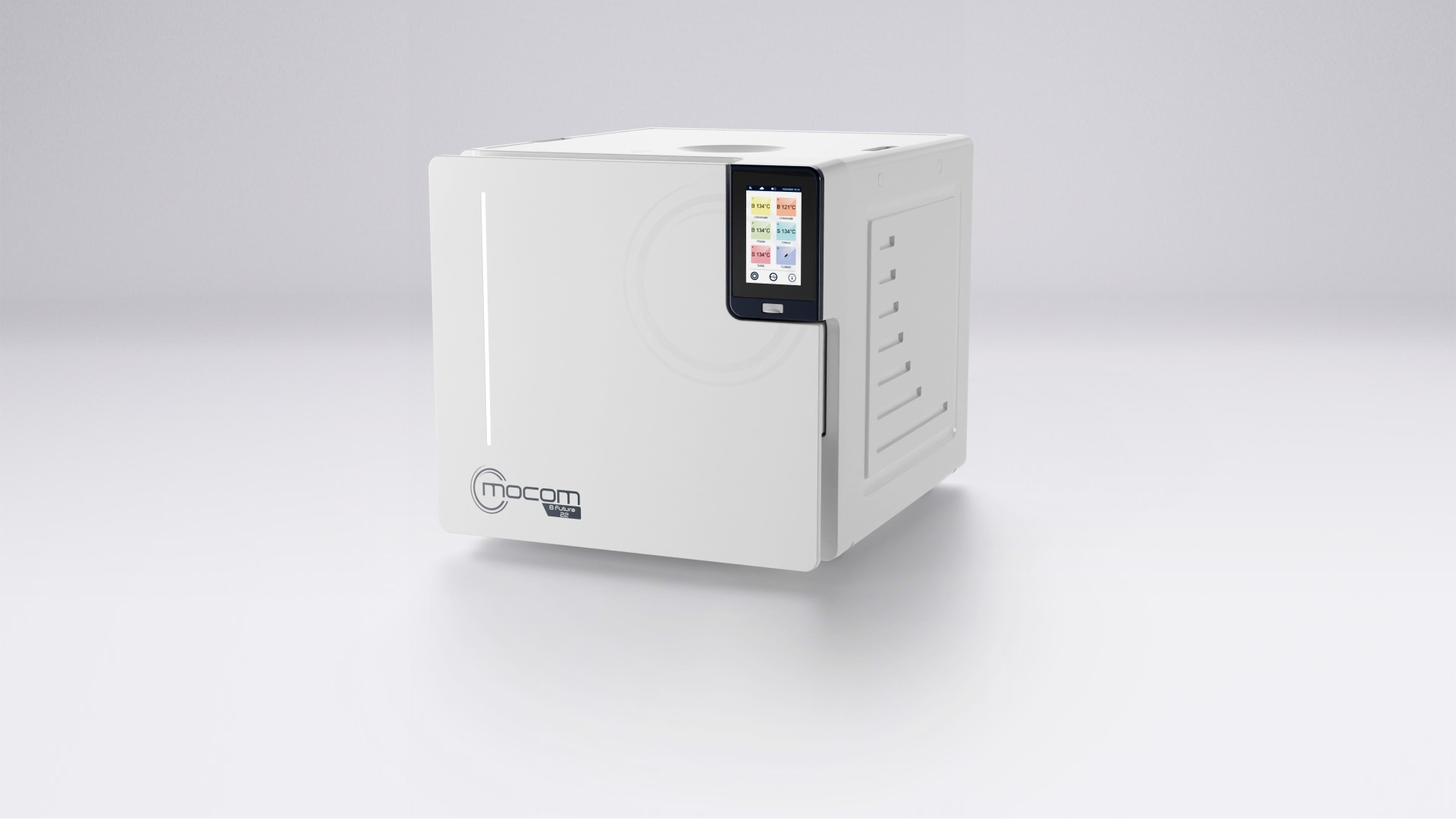 AUTOCLAVE B FUTURA 17 LTS Aparelho branco quadrado com ecrã digital colorido e texto mocom a future 22