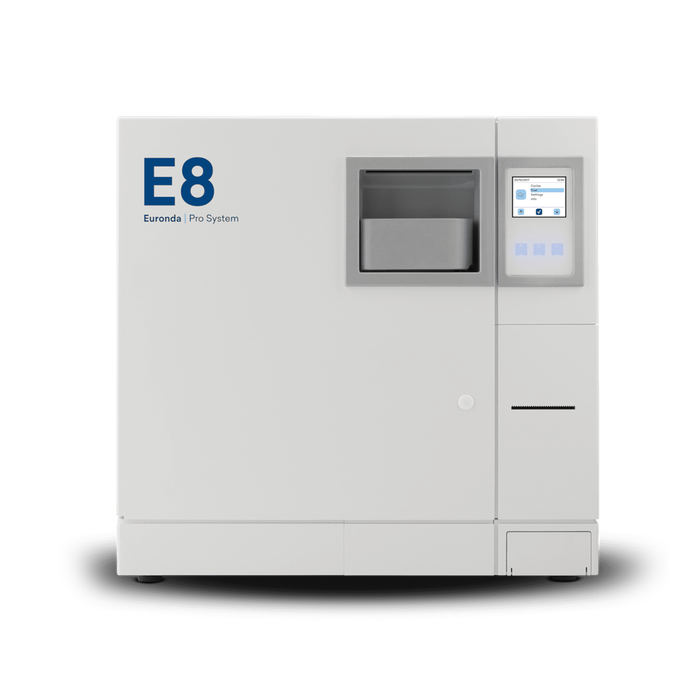 AUTOCLAVE E8 24L - EURONDA Equipamento autoclave branco com visor digital e compartimento cinzento com texto E8 Euronda Pro System
