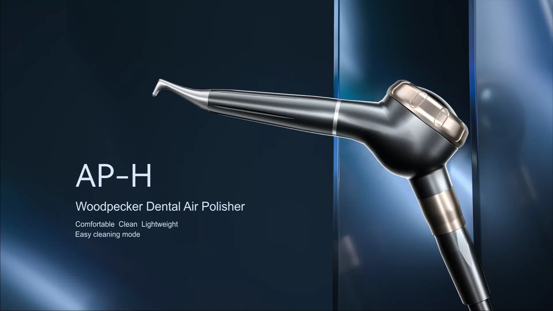 AP-H: Polidor de Ar de Bicarbonato Dental Polidor dental de ar Woodpecker AP-H preto e metálico contra fundo escuro azul