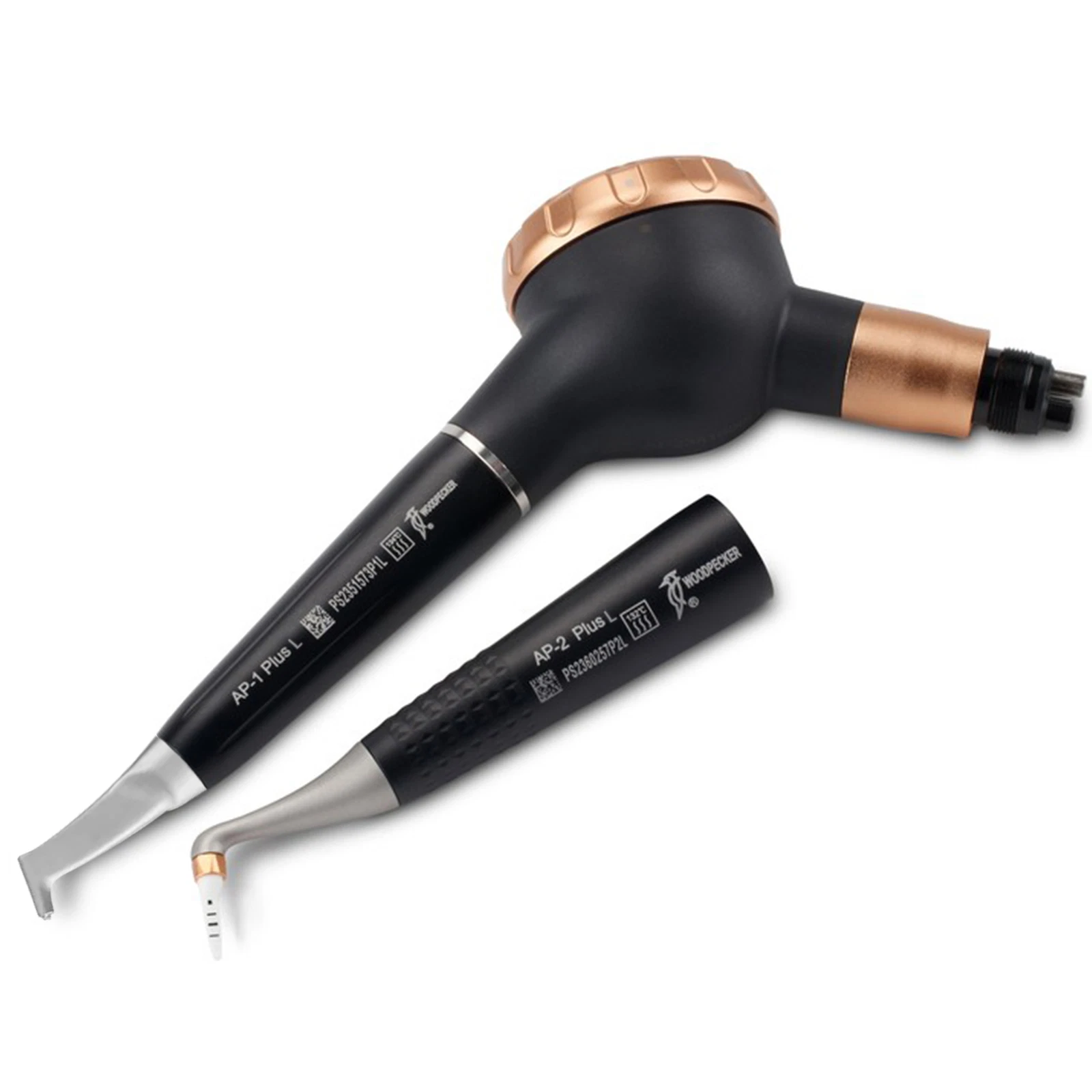 Polidor de ar Woodpecker AP-H L Plus modos supragingival e subgengival dois em um Dois aparelhos dentais pretos e cinzentos com pontas brancas.