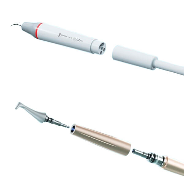 AP-B | Ultrassom + aeropolidor Dispositivo médico ou dental branco e dourado desconectado com ponta curva metálica.