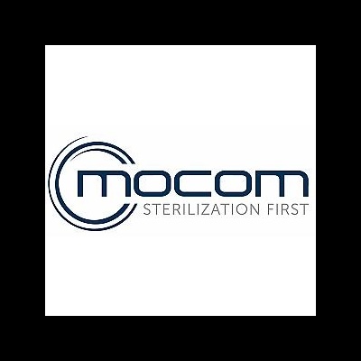 Logótipo azul escuro da Mocom com texto STERILIZATION FIRST em fundo branco