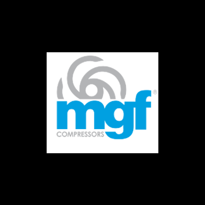 Logótipo MGF Construções com gráfico abstrato
