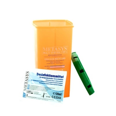 Conjunto de reciclagem dental METASYS com recipiente laranja, tampa verde e saco de desinfetante