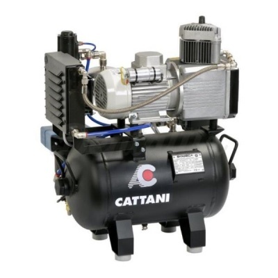Compressores Cattani preto e cinzento com motor prateado e tubos flexíveis
