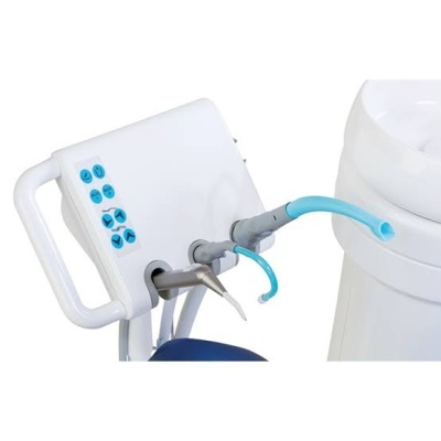 Dispositivo odontológico com botões azuis e tubos azuis e cinzentos