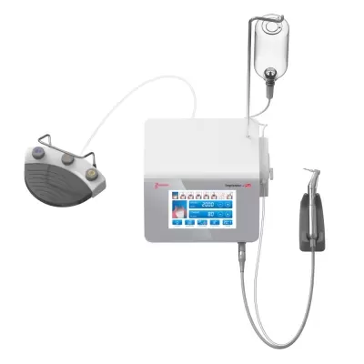 Aparelho dental branco e cinza com ecrã digital azul e pedal de controlo.