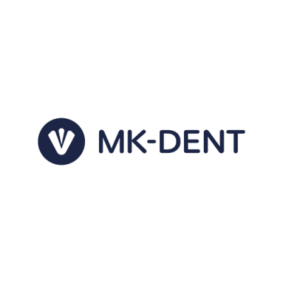 Logótipo MK-DENT azul escuro com três gotas brancas no círculo