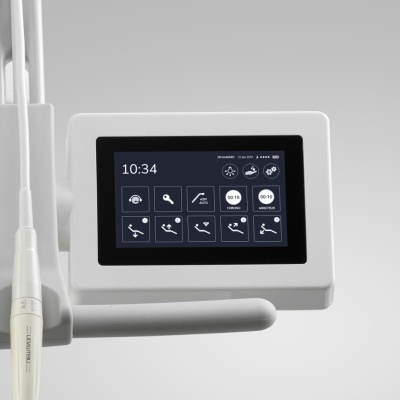 Ecrã digital táctil de aparelho médico branco com interface em francês