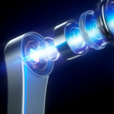 Componente óptico com lentes transparentes e luz azul