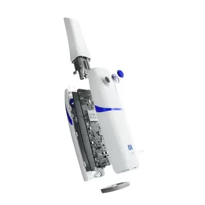 Dispositivo tecnológico branco com detalhes azuis desmontado, mostrando componente eletrónico interno