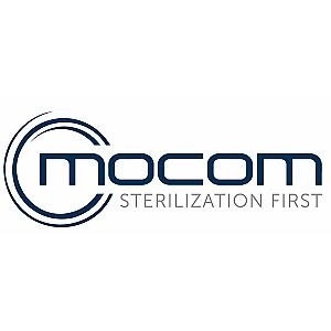 Logótipo azul escuro da Mocom com texto STERILIZATION FIRST em fundo branco