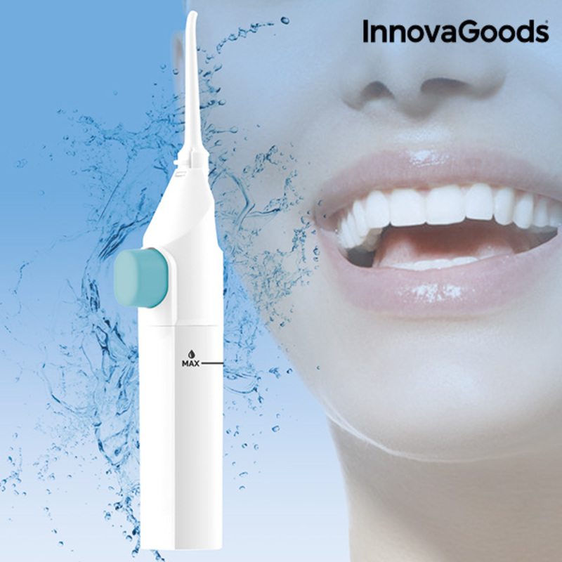 Irrigador Dental Wothident InnovaGoods Aparelho dental branco com botão azul e rosto sorridente ao fundo