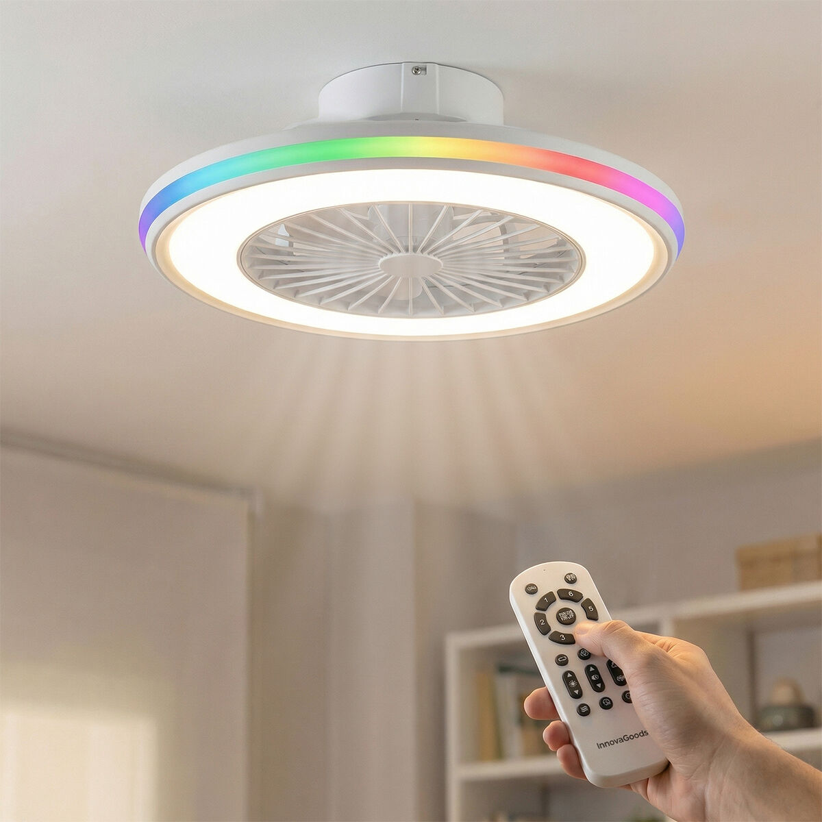 Ventoinha de teto com luz LED RGB, pás ocultas e comando à distância Nexory InnovaGoods Luz de tecto redonda com ventilador e luz colorida controlada por comando remoto.