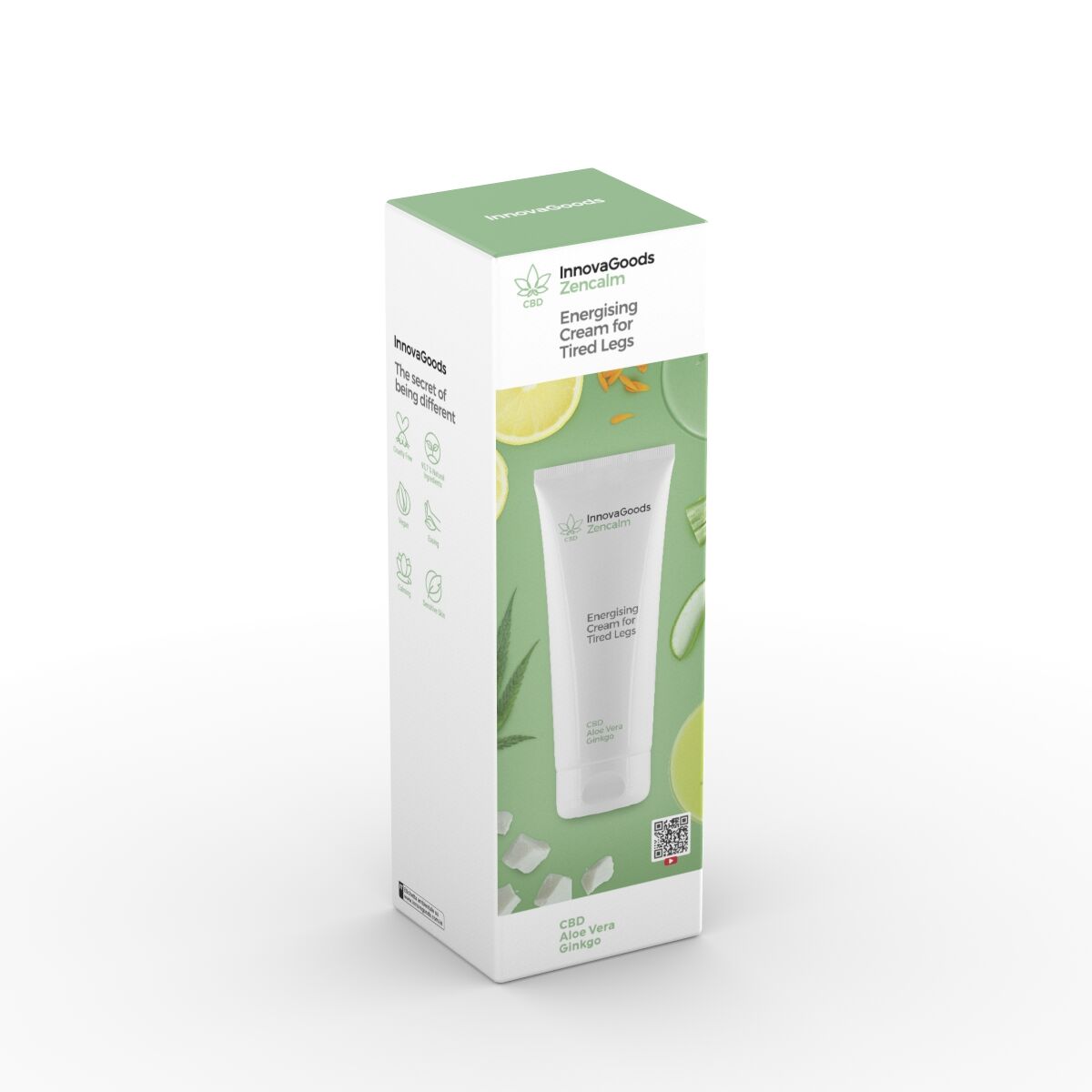 Creme Energizante para Pernas Cansadas CBD Zencalm InnovaGoods 200 ml Embalagem de creme energético para pernas cansadas InnovaSoots com ingredientes naturais.