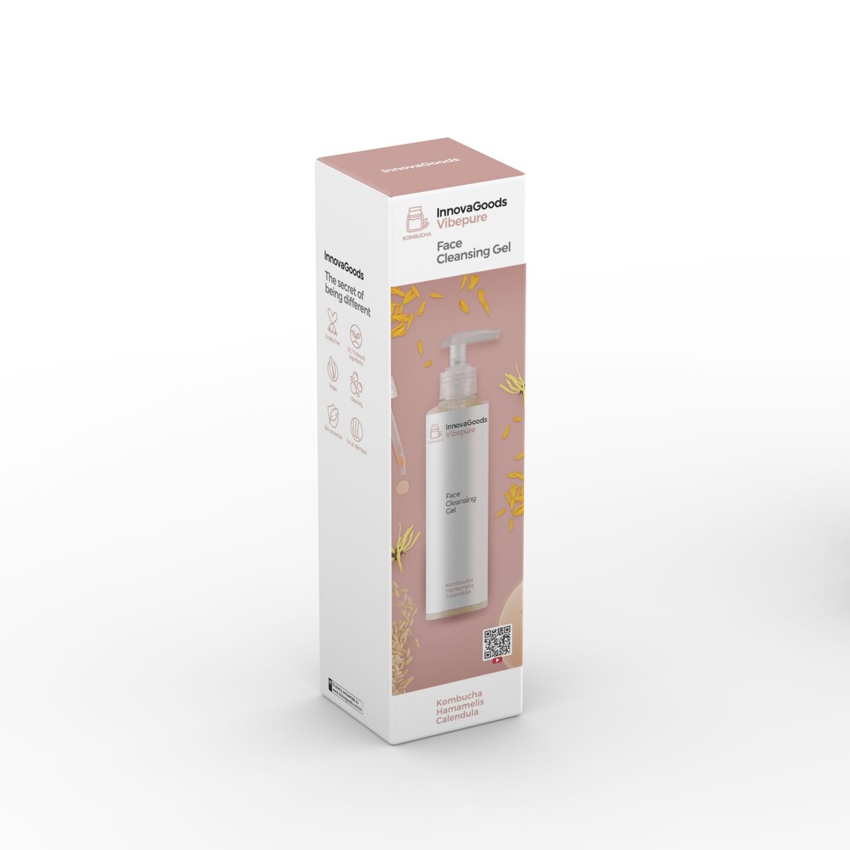 Gel de Limpeza Facial Kombucha Vibepure InnovaGoods 200 ml Embalagem de gel de limpeza facial Innovacoeds Visible com fundo rosa e detalhes dourados