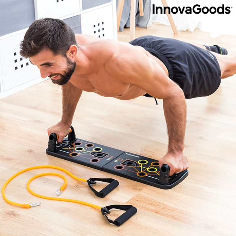 Prancha de flexões push-up com fitas de resistência de guia de exercícios Pulsher InnovaGoods Painel de exercícios preto com fitas elásticas e homem a fazer flexões