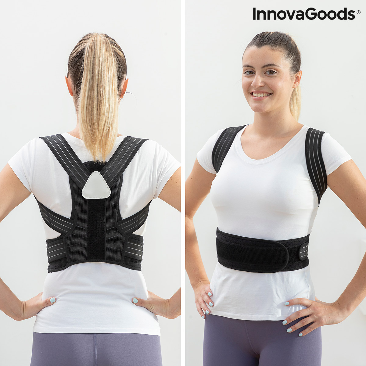 Corretor de Postura Adaptável Pro Ticalbak InnovaGoods Mulher a usar corretor de postura preto InnovaGoods sobre t-shirt branca