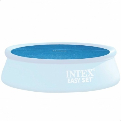 Piscina insuflável redonda branca e azul com tampa azul e marcas INTEX