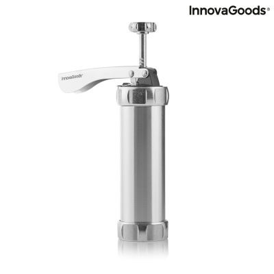 Dispositivo metálico prateado com alavanca branca e texto InnovaGoods em fundo branco