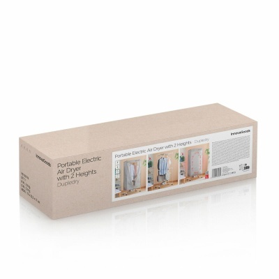 Embalagem de secador elétrico portátil com texto e imagens do produto.